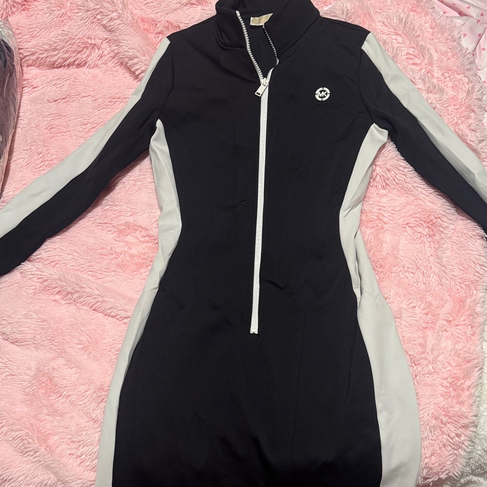 Michael Kors Black and White Long Sleeve Dress with Zipper